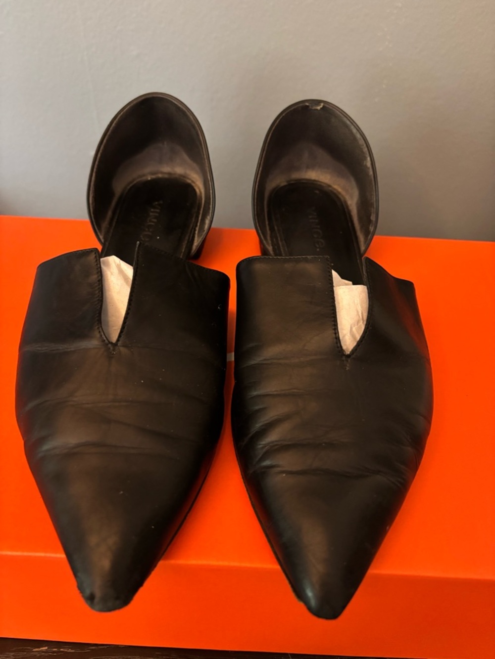 Vince Black Pointed Leather Slip-On Flats